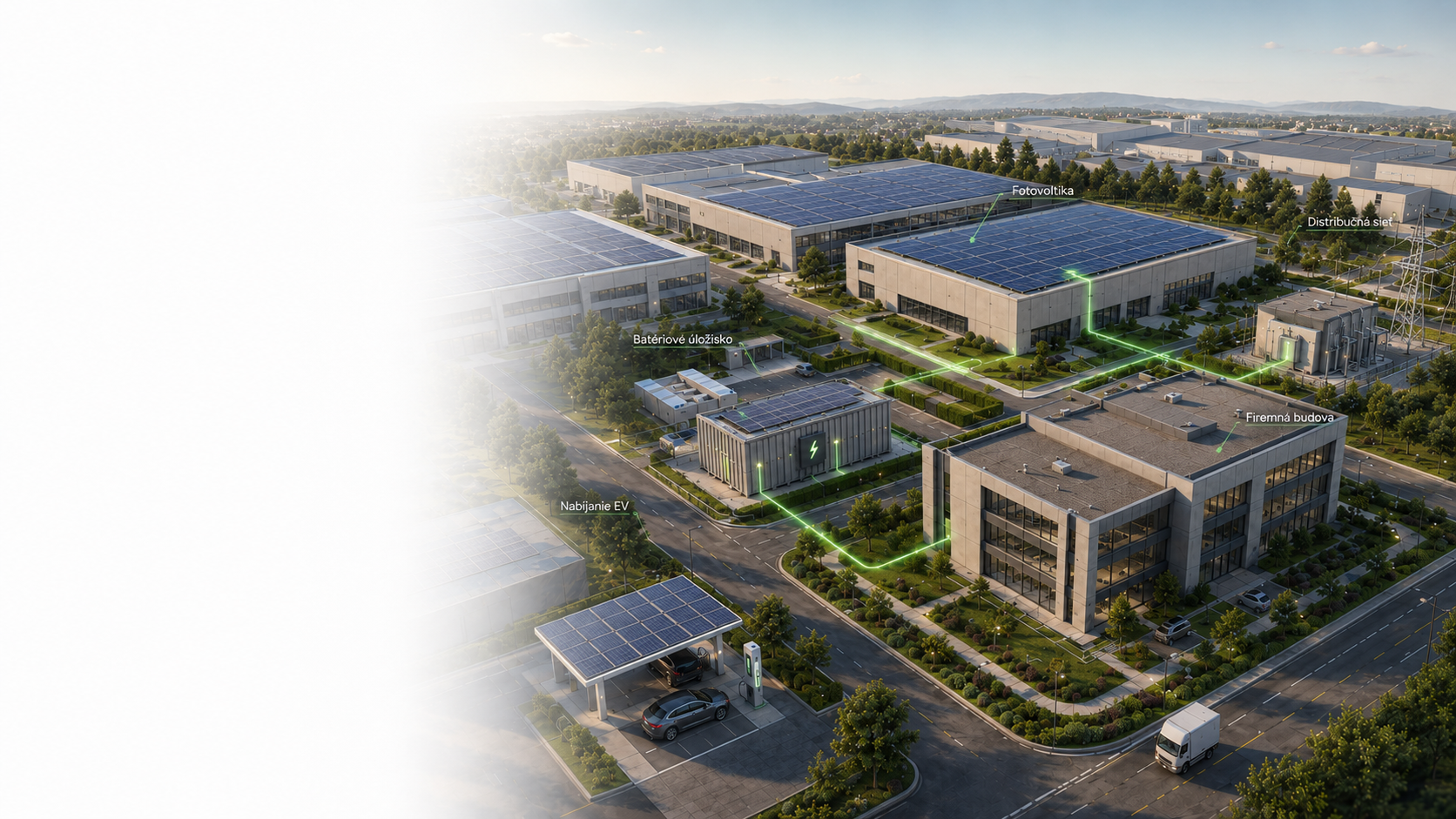 Denný firemný energetický areál s fotovoltikou, batériovým úložiskom a distribučnou infraštruktúrou